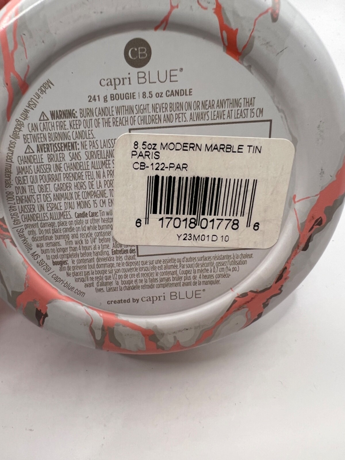 CAPRI BLUE Candle Modern Marble PARIS Scent Tin Container 8.5 oz Single Wick New