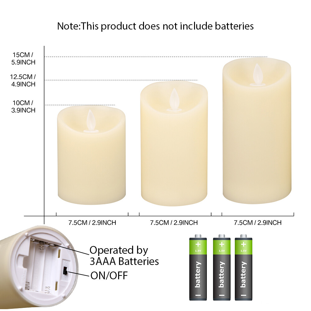 Set of 3 LED Flameless Pillar Candles Flickering Battery Operated Light ASJ
