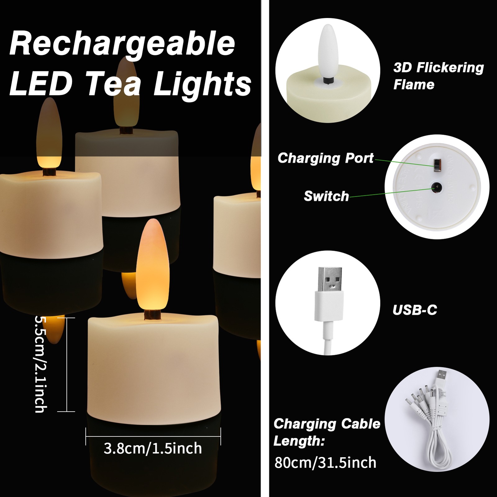 6pcs Flameless Rechargeable LED Tea Lights Flickering Candles with Timer Remote