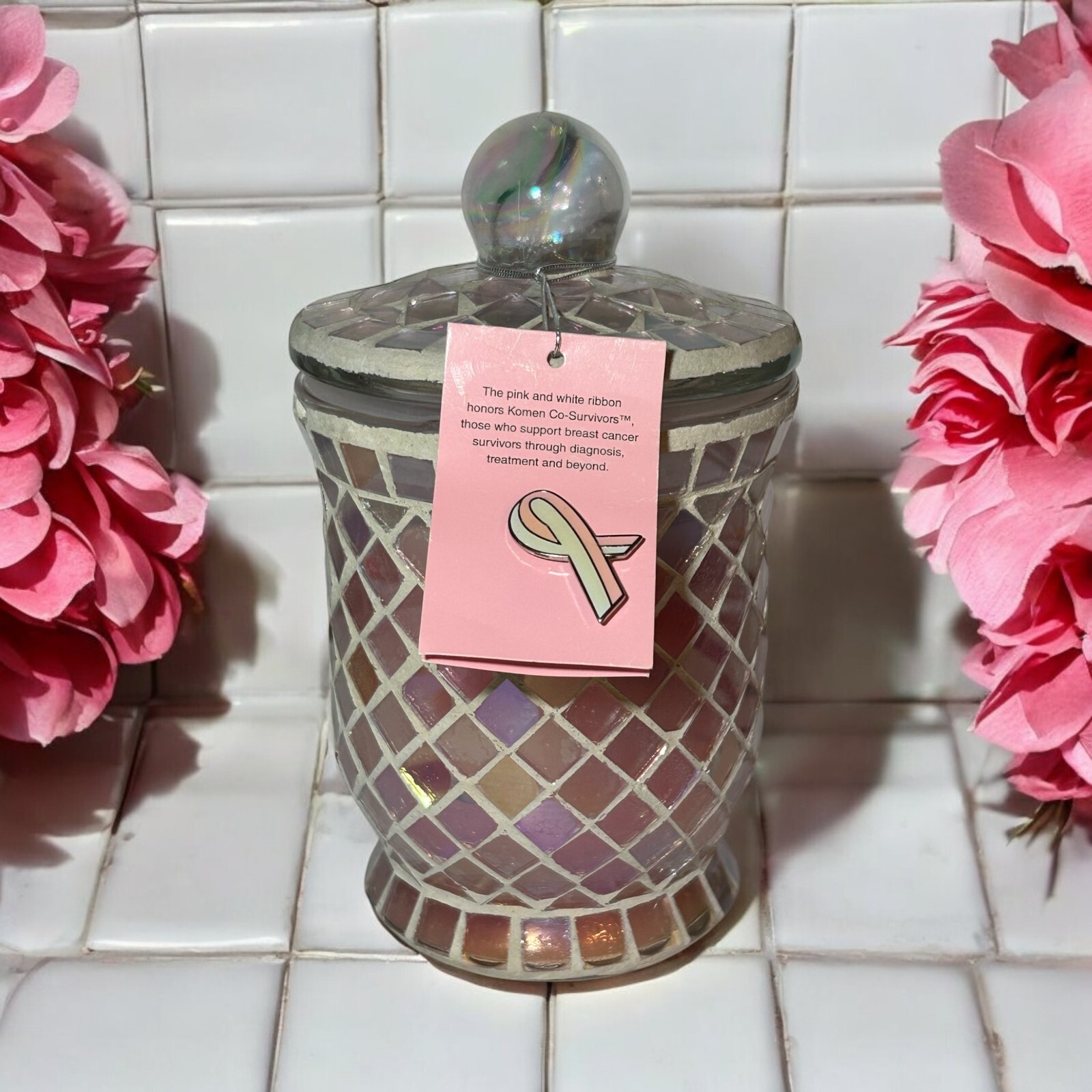 Pier 1 Imports Mosaic Ocean Pearl Candle Jar Pink Iridescent Breast Cancer Pin