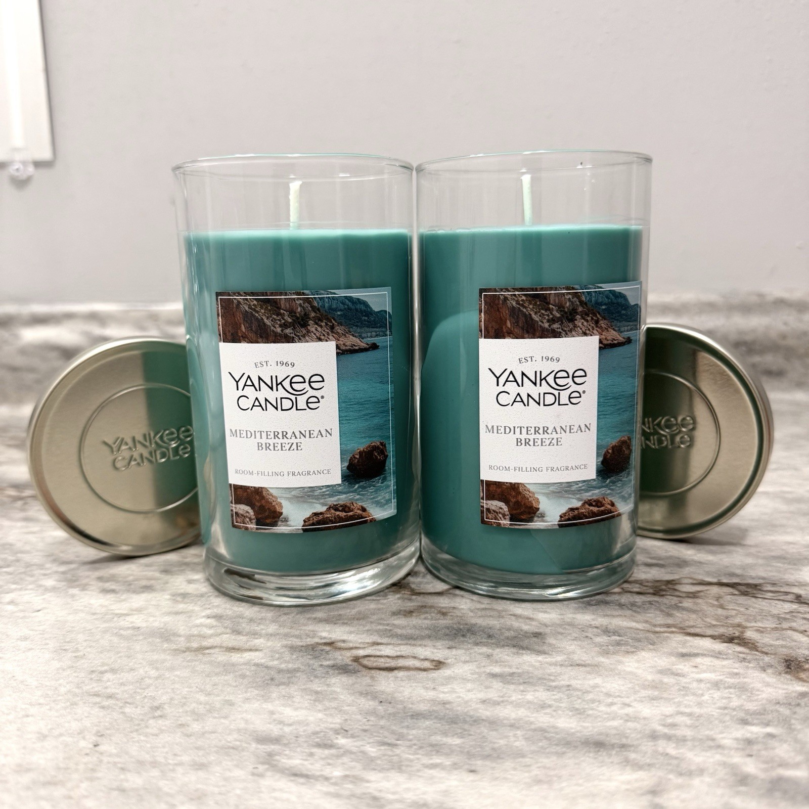 YANKEE Candle Mediterranean Breeze 14.25 oz Wax One Wick Glass Jar Blue Lot of 2