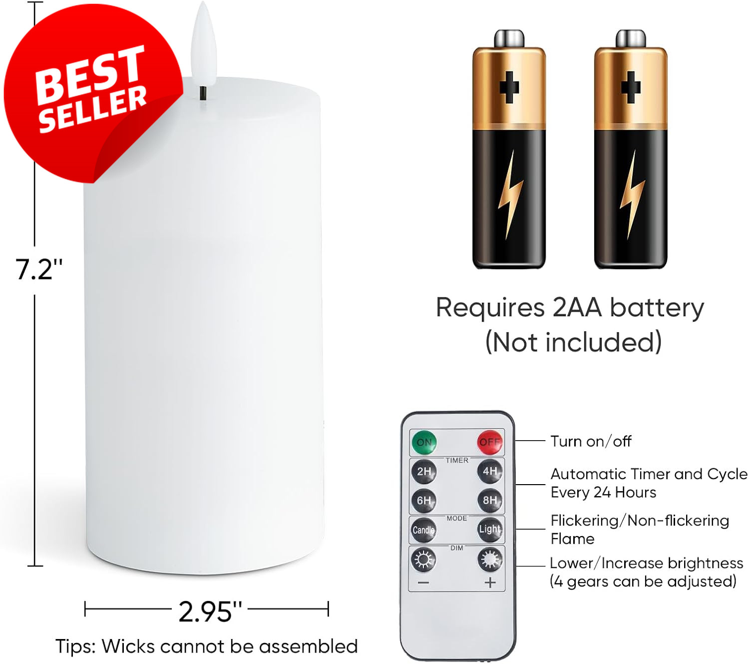 3x6in Flameless LED Pillar Candles White Real Wax Remote Timer Set of 2 – US