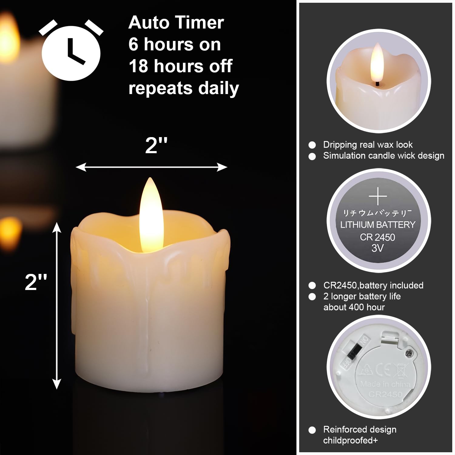 2″x2″ Real Wax Flameless LED Votive Candles, 6H Timer, 6 Pack