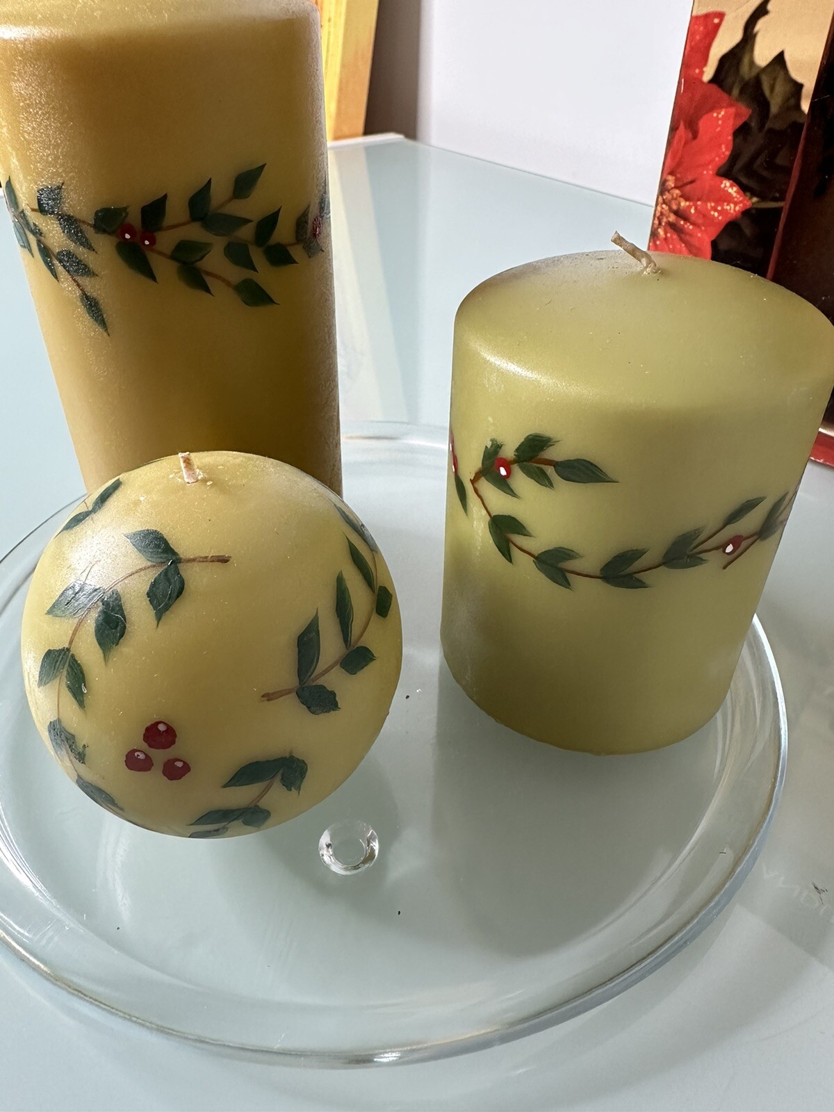 Candle Gift Set. Green Holly. Holiday Time. 3 Candle