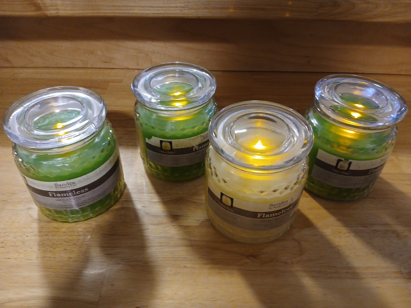 Green White Flameless Candles LED Real Wax Glass Jar 4pc Lot Battery Timer Set