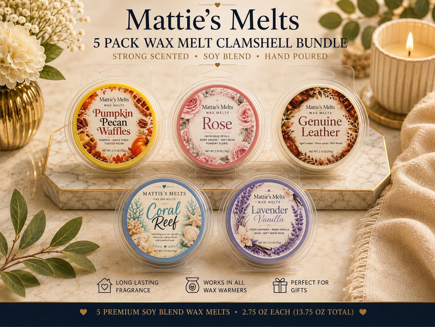 5 Pack Wax Melts Strong Scented Clamshell Bundle Home Fragrance Gift Set