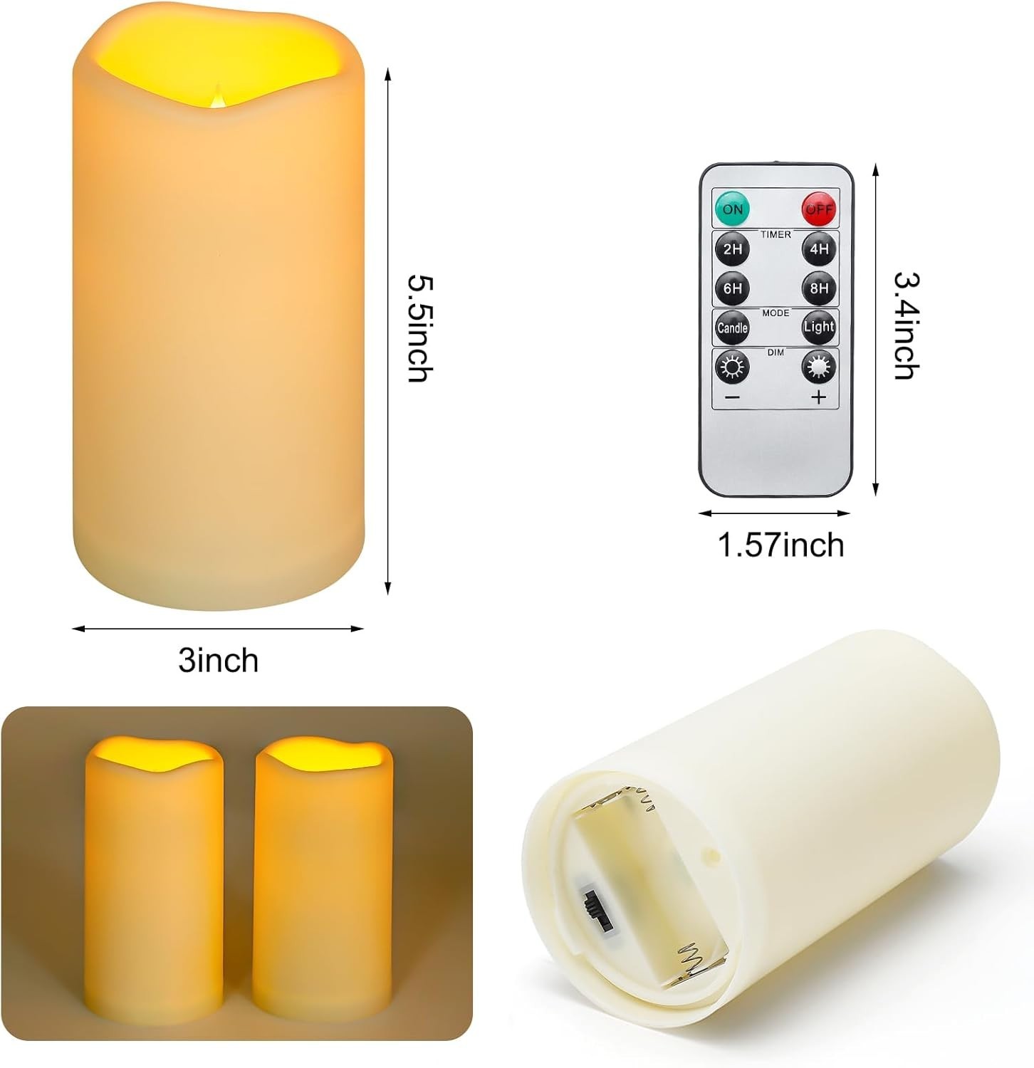 Classic Warm White LED Flameless Candles, Waterproof and Portable – 2 Count