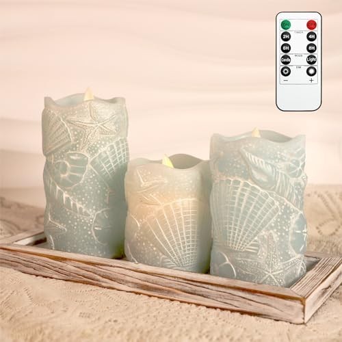 Ocean Blue Flameless Candles Flickering Wick Real Wax Shell LED Candles with Rem