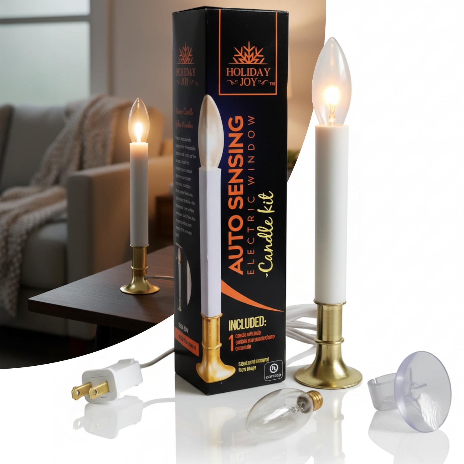 1 Pack Christmas Window Candles Sensor Electric Corded 9 Inch 2 Bulbs 5W 120V