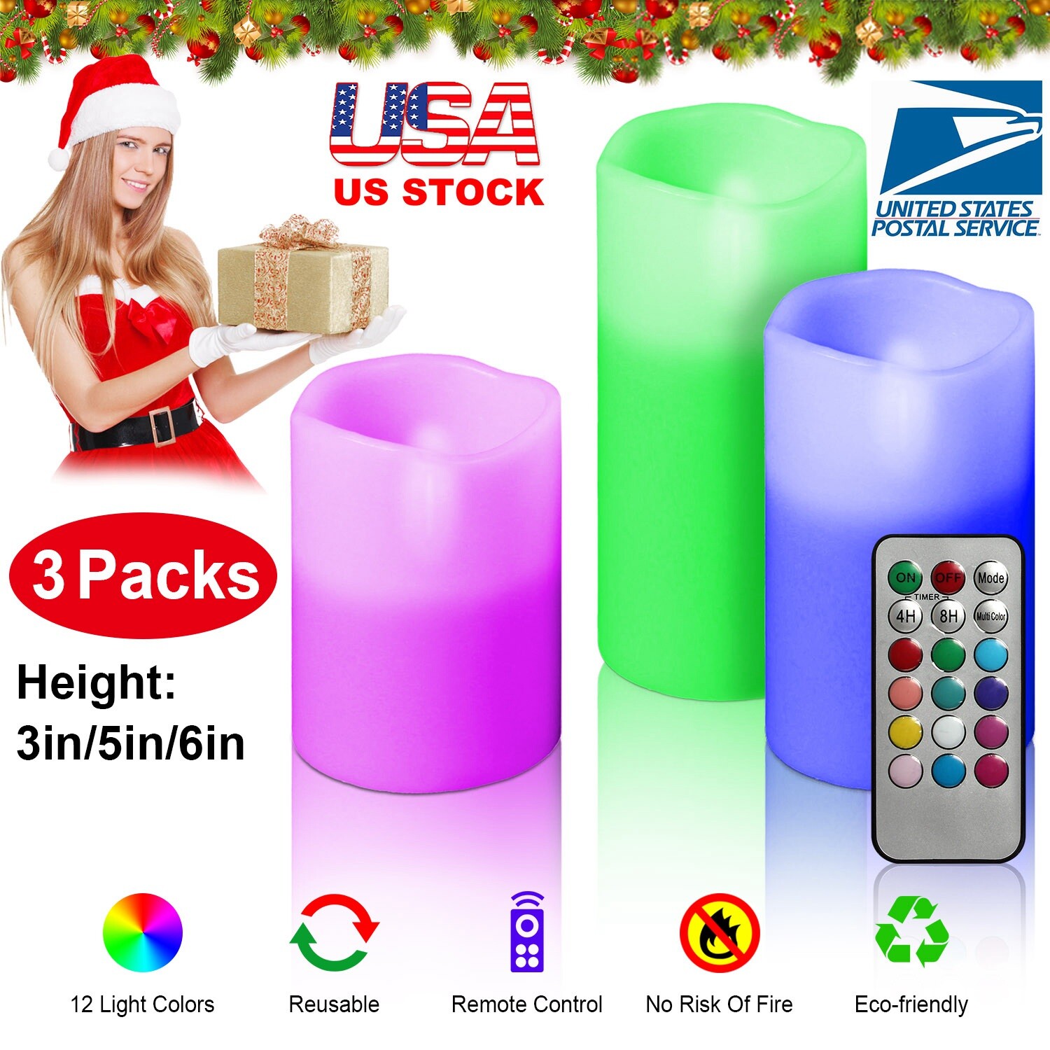 3pc LED Flameless Candles 4″ 5″ 6″ Pillar 12 Color Changing w/ Remote Control