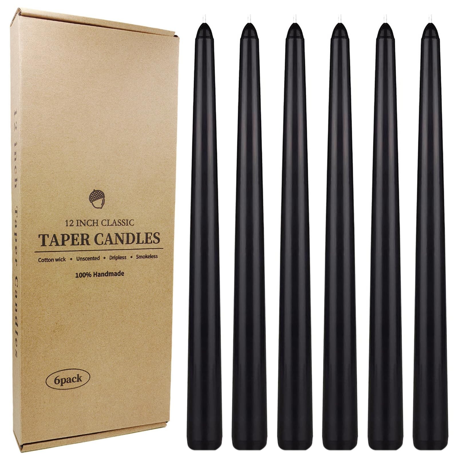 6 Pack Black Taper Candles 12 Inch, Dripless, Smokeless, Long Burning, Halloween