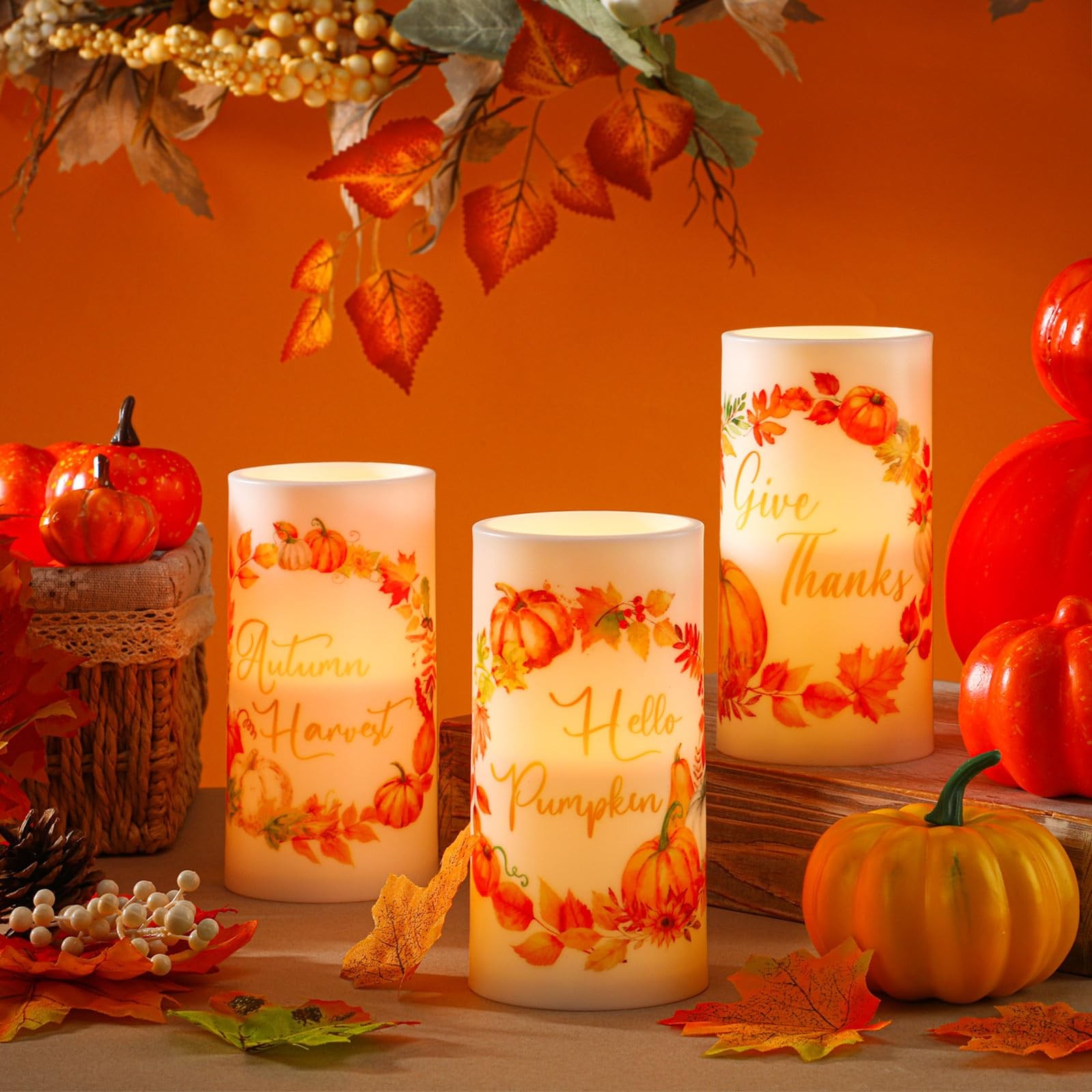 3 Pcs Fall Flameless Candles Pumpkin Wreath Flameless LED Candles for Bedroom…