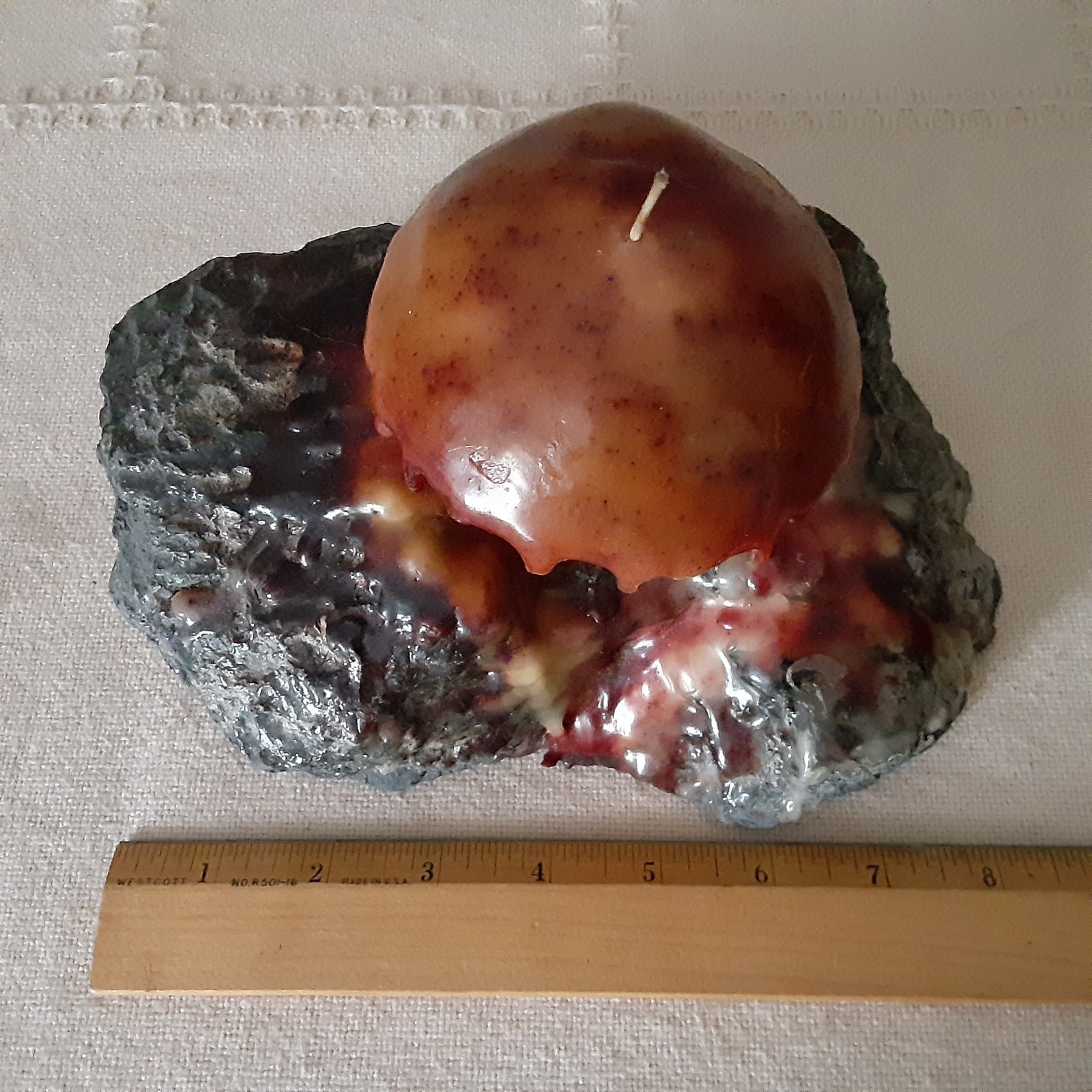 Mushroom Candle Dripping On a Black Rock Decor – Wick Never Lit 8″ Wide Heavy