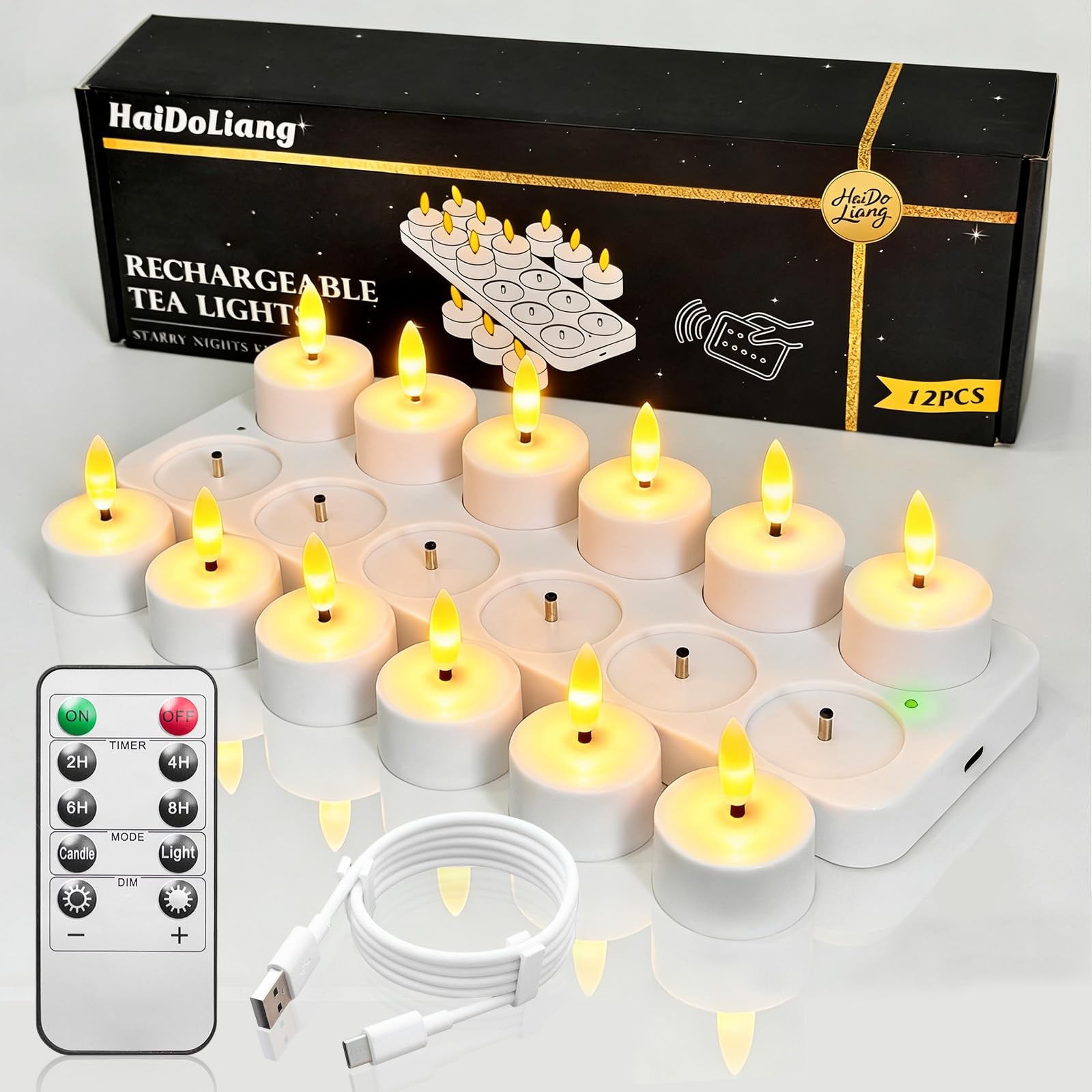 12PCS Rechargeable Tea Lights Candles with Remote & Timer-2/4/6/8H