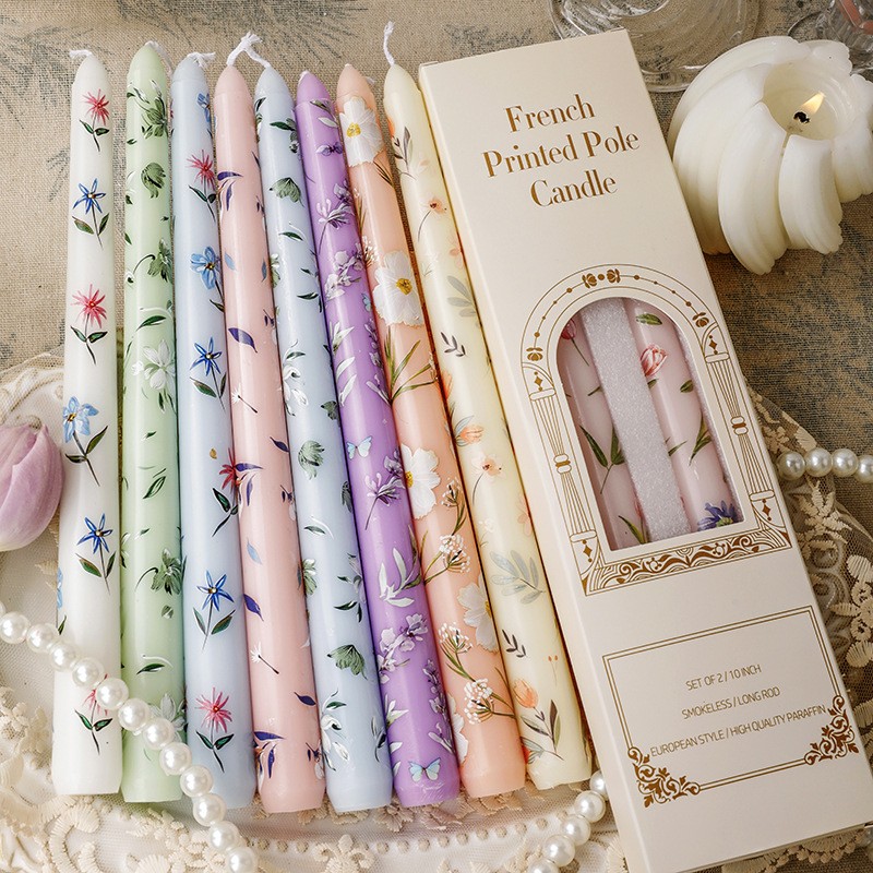 2Pack Floral Print Taper Candles, Smokeless Tapered, 10 in Fancy Dinner Candles