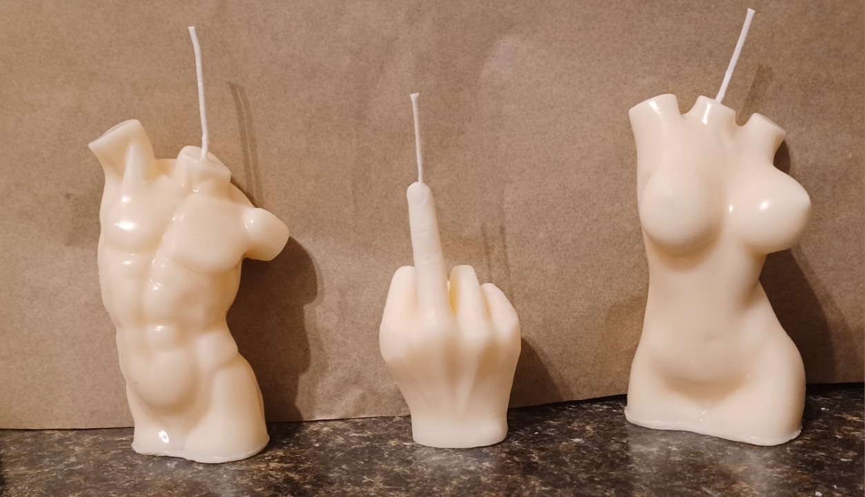 Man Torso, Woman Body, And Small 4″ Middle Finger Candle Set of 3
