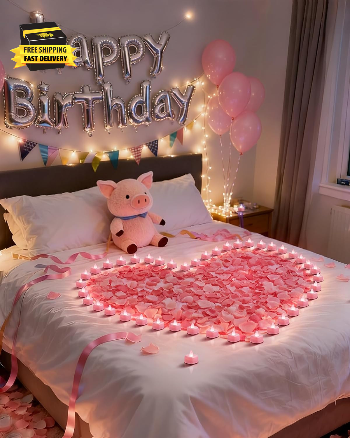 1000 Pieces Pink Artificial Rose Petals with 12 Pink Heart LED Tea Lights, Rose