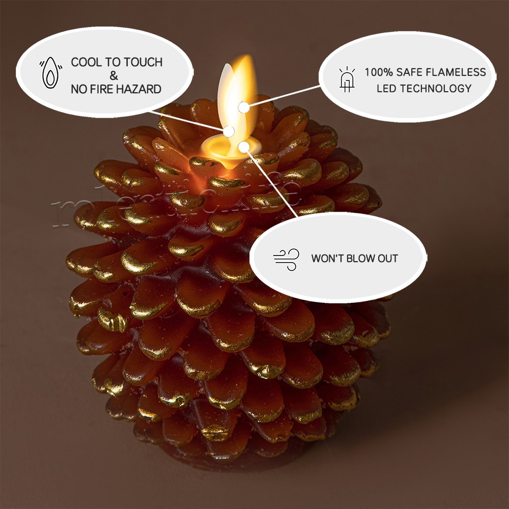 Luminara Flameless Brown Wax Pine Cone Candles with Remote for Home Decor Set 2