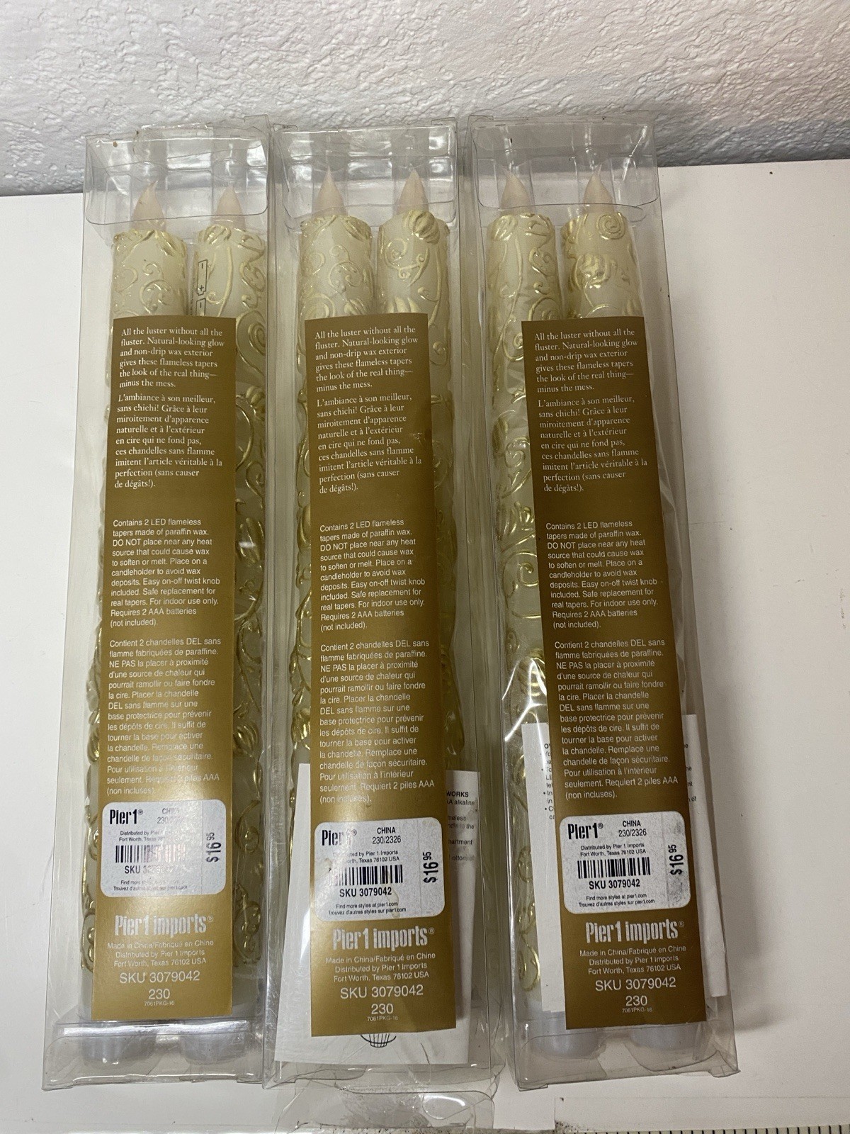 VTG NOS PIER 1 White &Gold Design Flameless LED Taper Candles Three 2-Packs