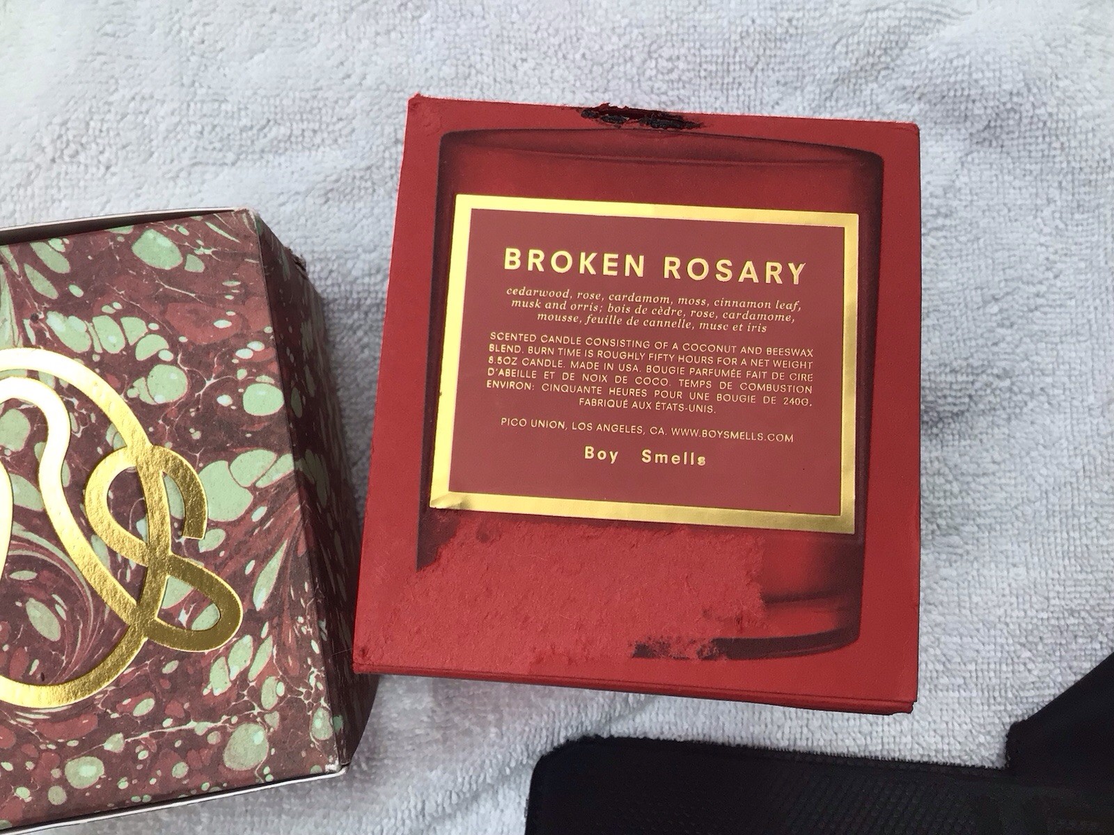 boy smells “Broken Rosary” Candle NIB 8.5 Oz. Cedar Wood, Rose Water, Etc. $48.