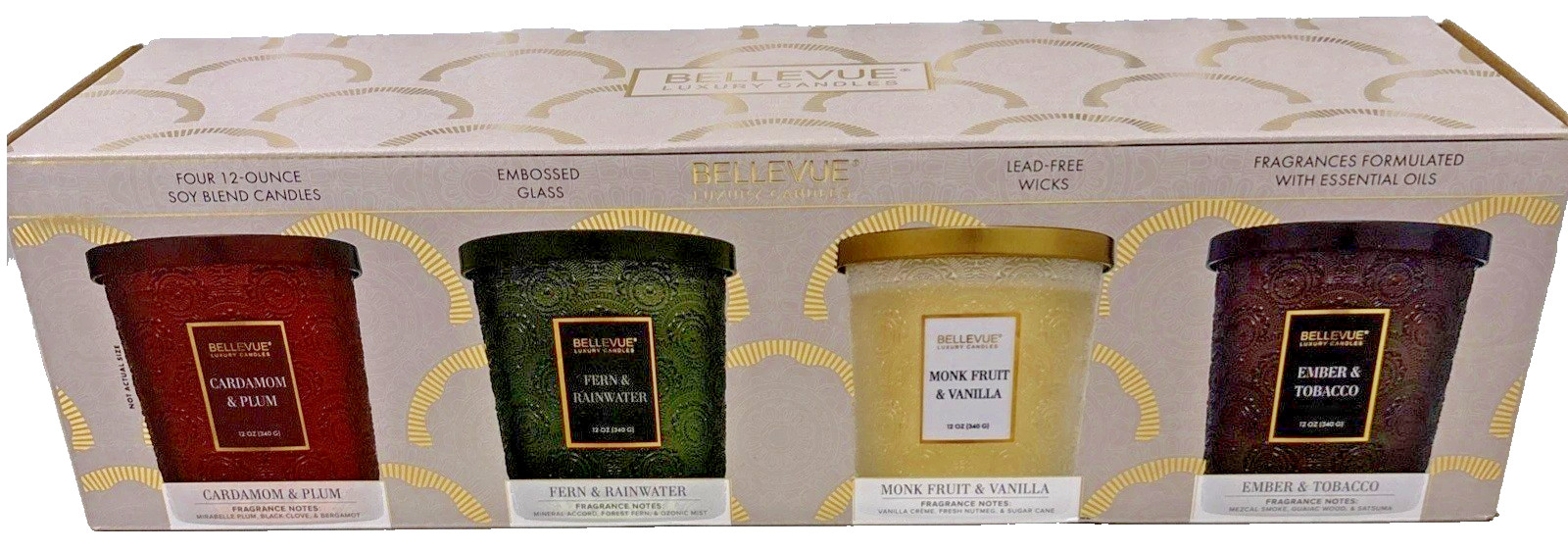 4- Pack Bellevue Luxury Candles Set Embossed Glass 12 Oz. Lead Free Wicks