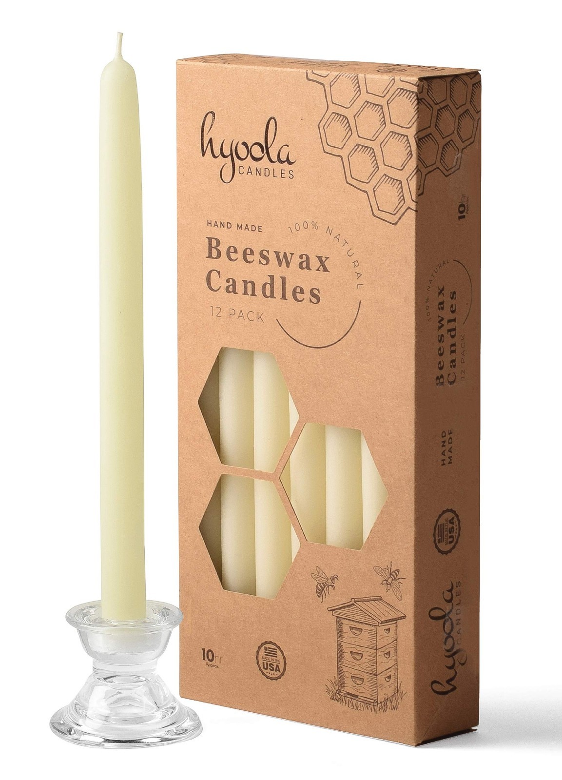 10″ Beeswax Taper Candles – 12 Pack, Handmade, All Natural, Unscented, White, 10