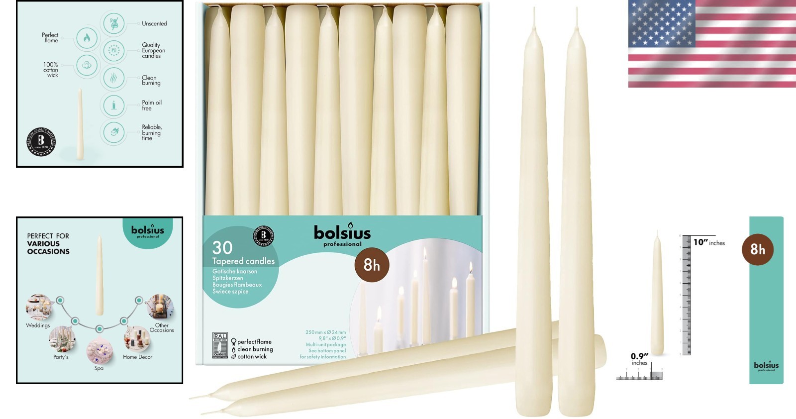 Long Burning Dripless Candles – 10″ Ivory Wax 30 Pack