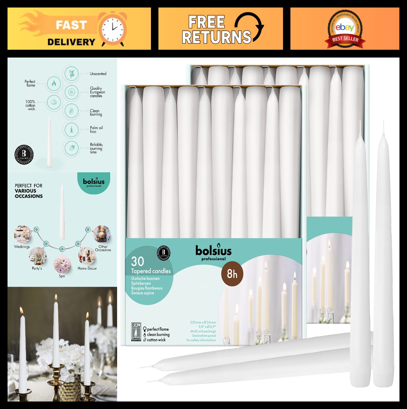 60 Count White Taper Candles – 10 Inch Unscented Dripless – 8 Hour Burn Time – H
