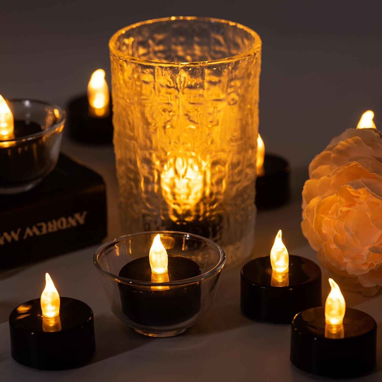 Lasts 2X Longer Black Flameless Tealight Candles, 40 Pack, 1.5″x1.4″,