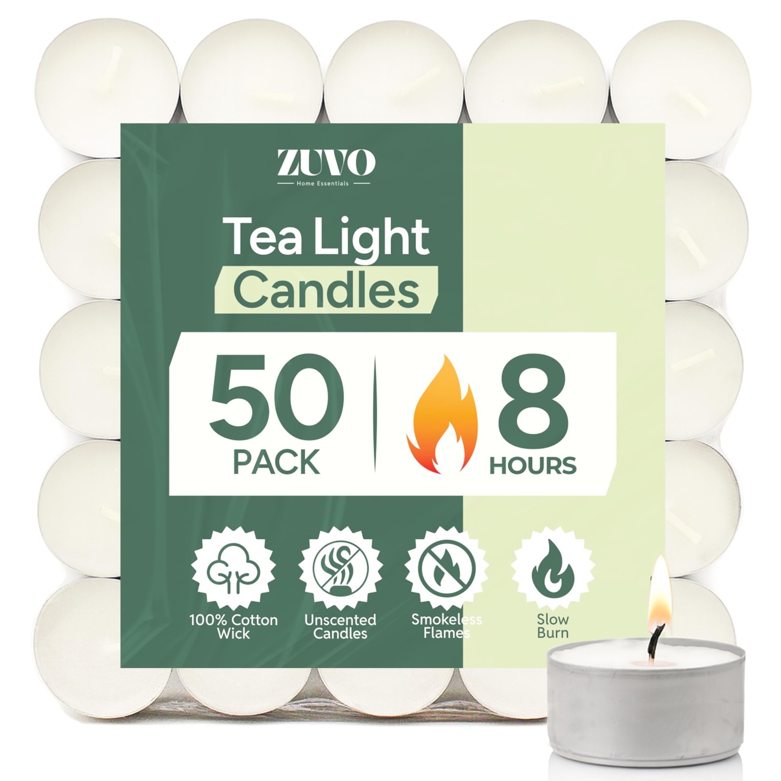 Zuvo Tea Lights Candles 8 Hour Burn (50 Pack) – Unscented White Tealight Candles