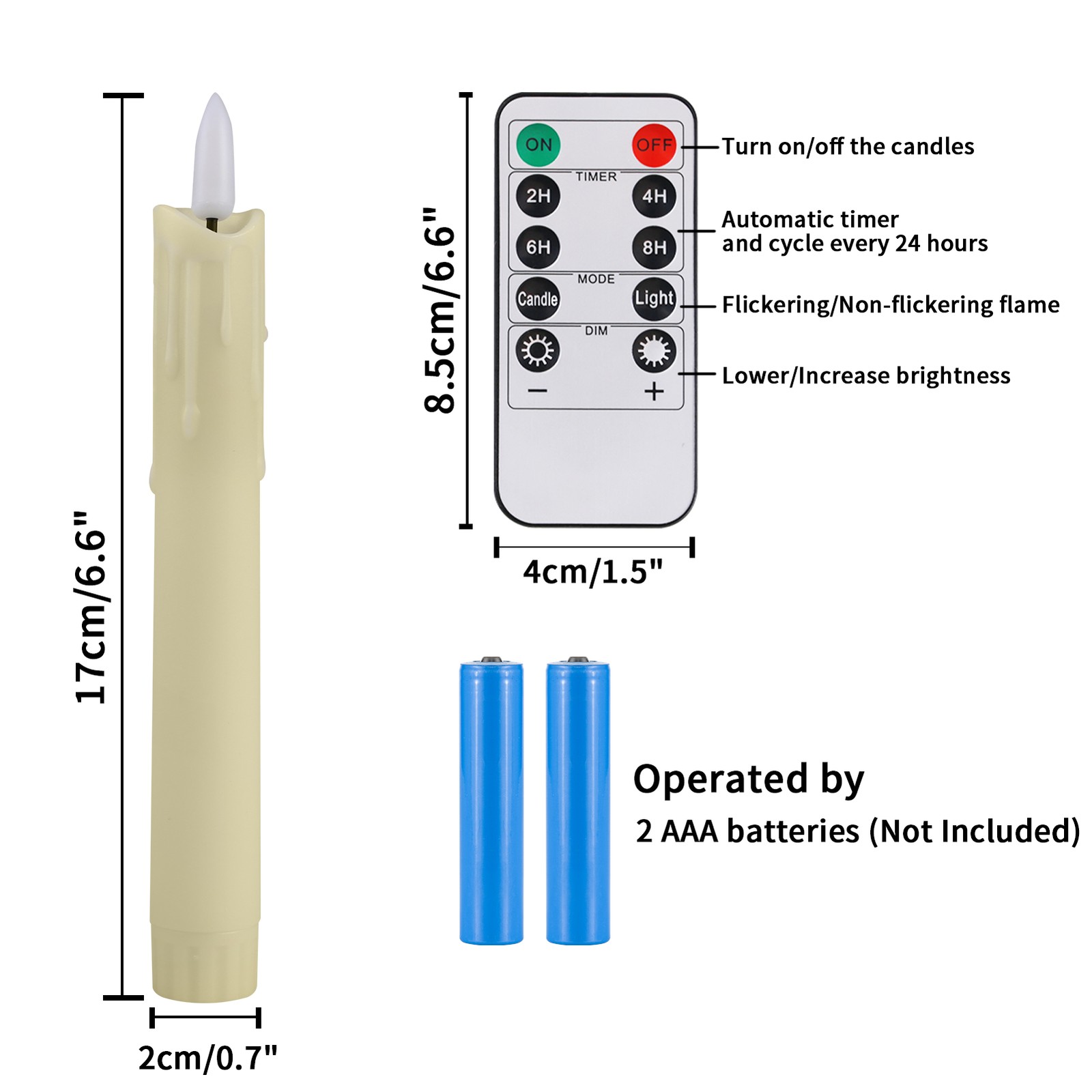 Set of 6 LED Flameless Flickering Taper Candles light with Holders Timer Remote