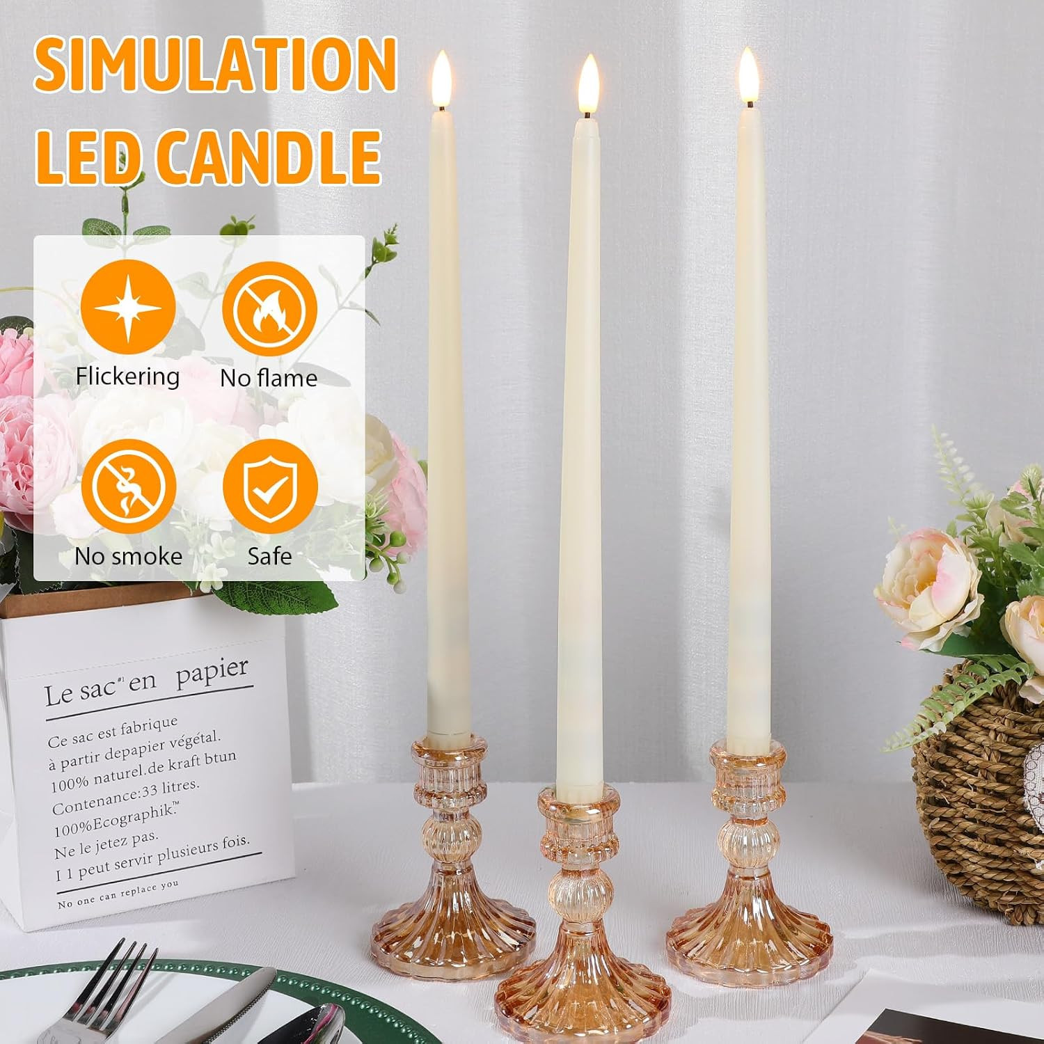 50 Pcs Flameless Taper Candles Battery Operated Bulk 12.4 Ivory LED