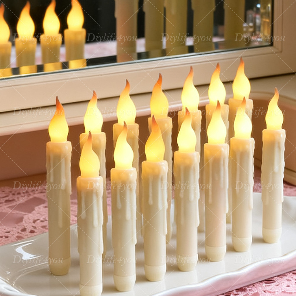 6/12× LED Flickering Flameless Taper Candles Battery Operated with Candle Holder