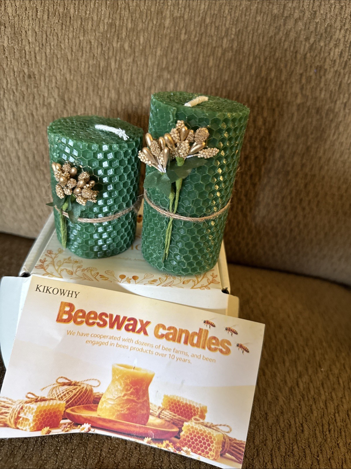 Set Of “2” Green Beeswax Candles In A Gift Box