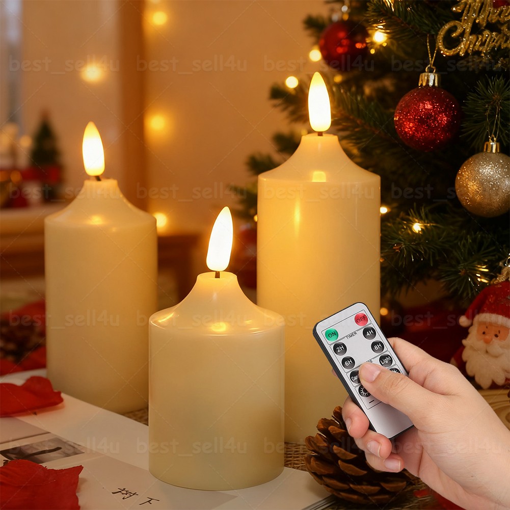 Set of 3 Flameless Flickering LED Pillar Candles with Timer Remote Home Decor