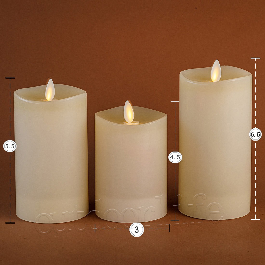 Set of 3 Luminara Flameless Wax Pillar LED Candles with Remote Ivory Moving Wick