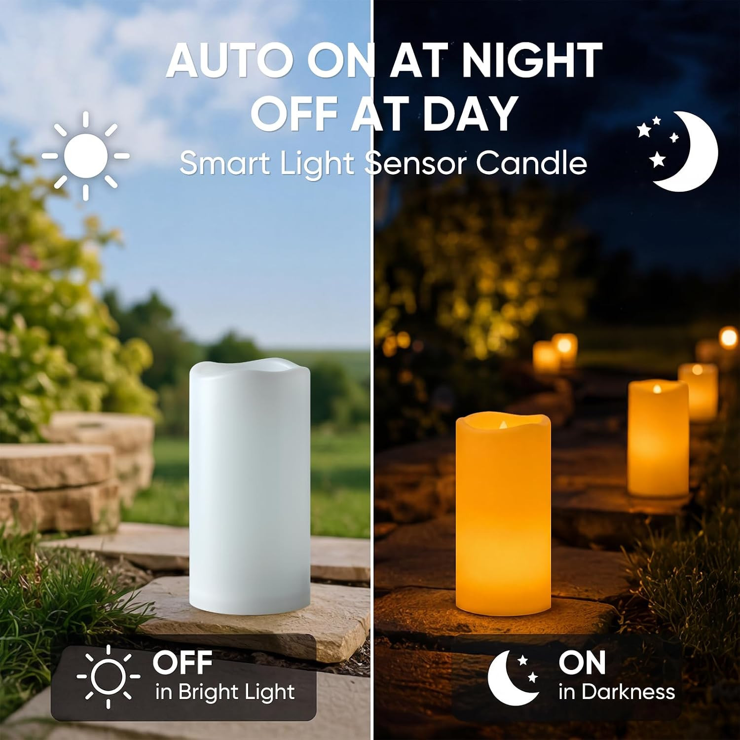 Dusk to Dawn Outdoor Waterproof Flameless Candles with Auto Light Sensor, Flicke