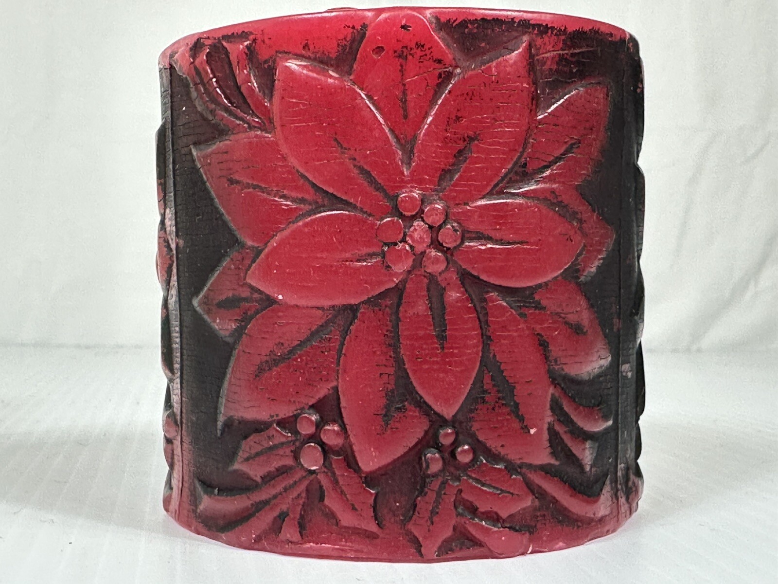 Vintage Poinsettia Pillar Candle Antique Red Floral Design Colonial Candle Box