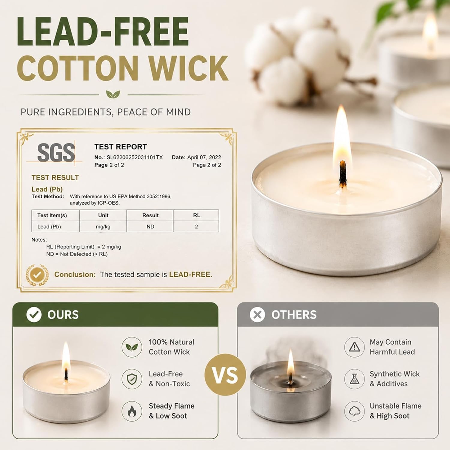 Tea Lights Candles 50 Pack, 4 Hour Burn Time Palm Wax Tealight Candle Bulk for