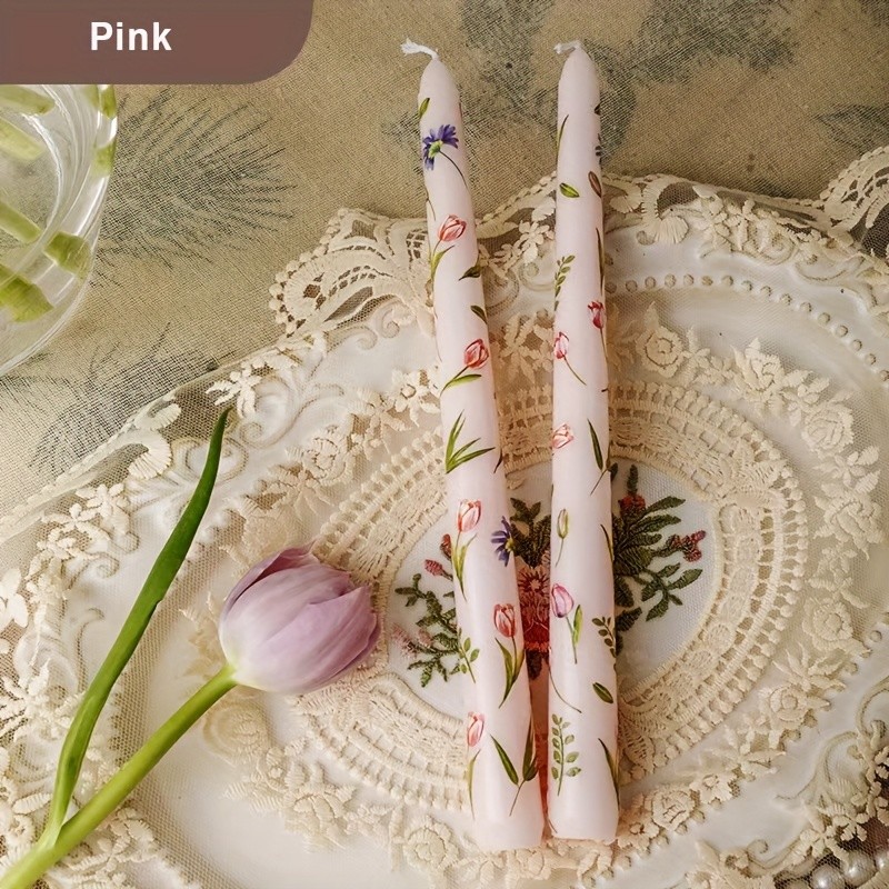 10 in Taper Candles, 2pcs Floral Print Smokeless Tapered, Fancy Dinner Candles
