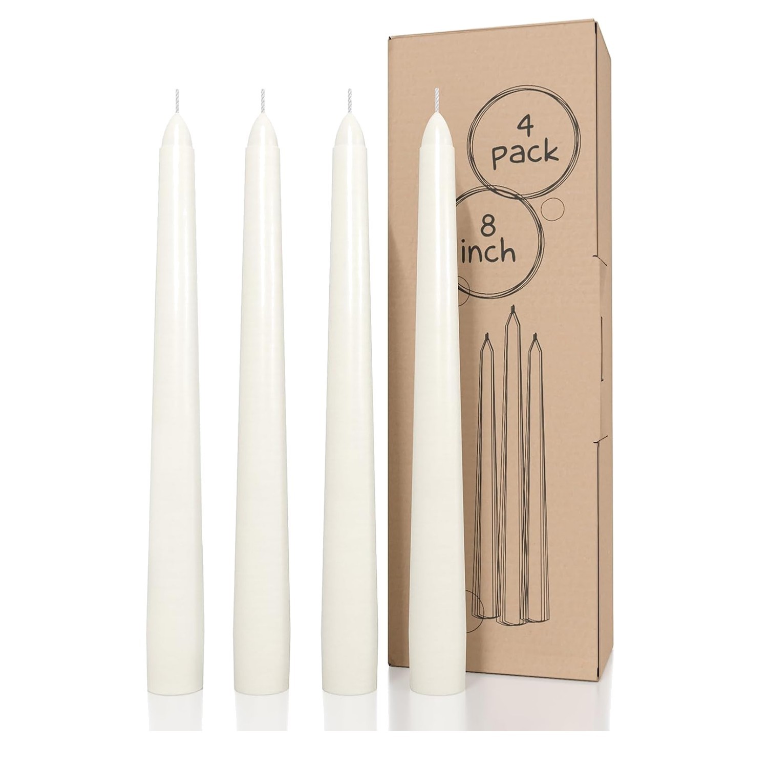 Long Burning 8 Inch Ivory Taper Candles – Set of 4 Dripless & Allergy-Friendly