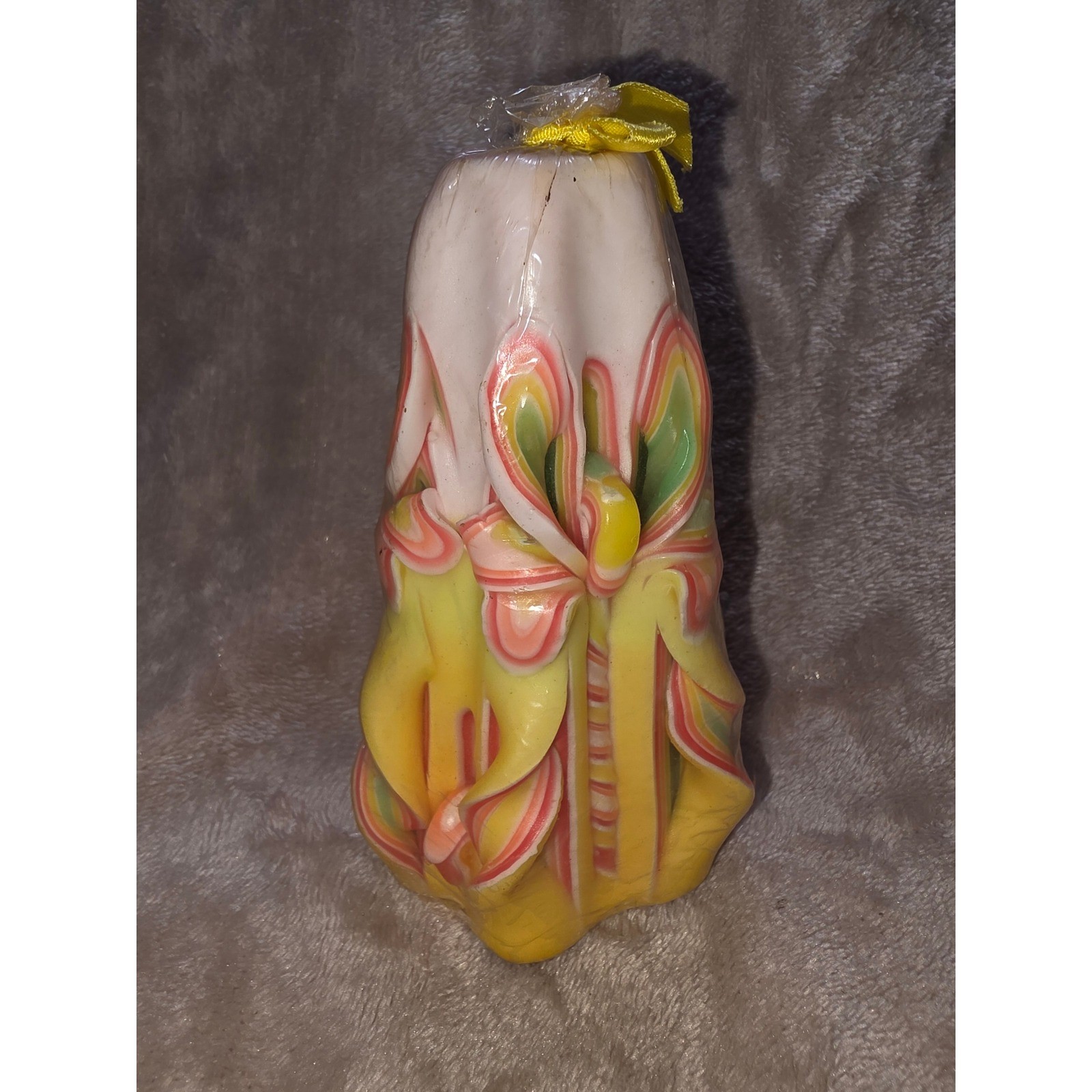 Vintage Hand Carved Pillar Candle Yellow Pink Green Layered Ribbon Wax Art Decor