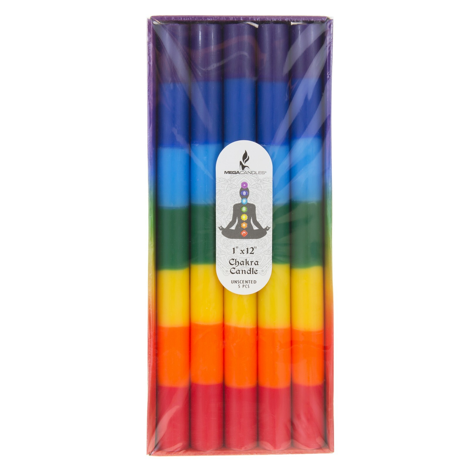 Mega Candles – Unscented 12″x 1″ Multi Color Chakra Round Taper Candle Set of 5