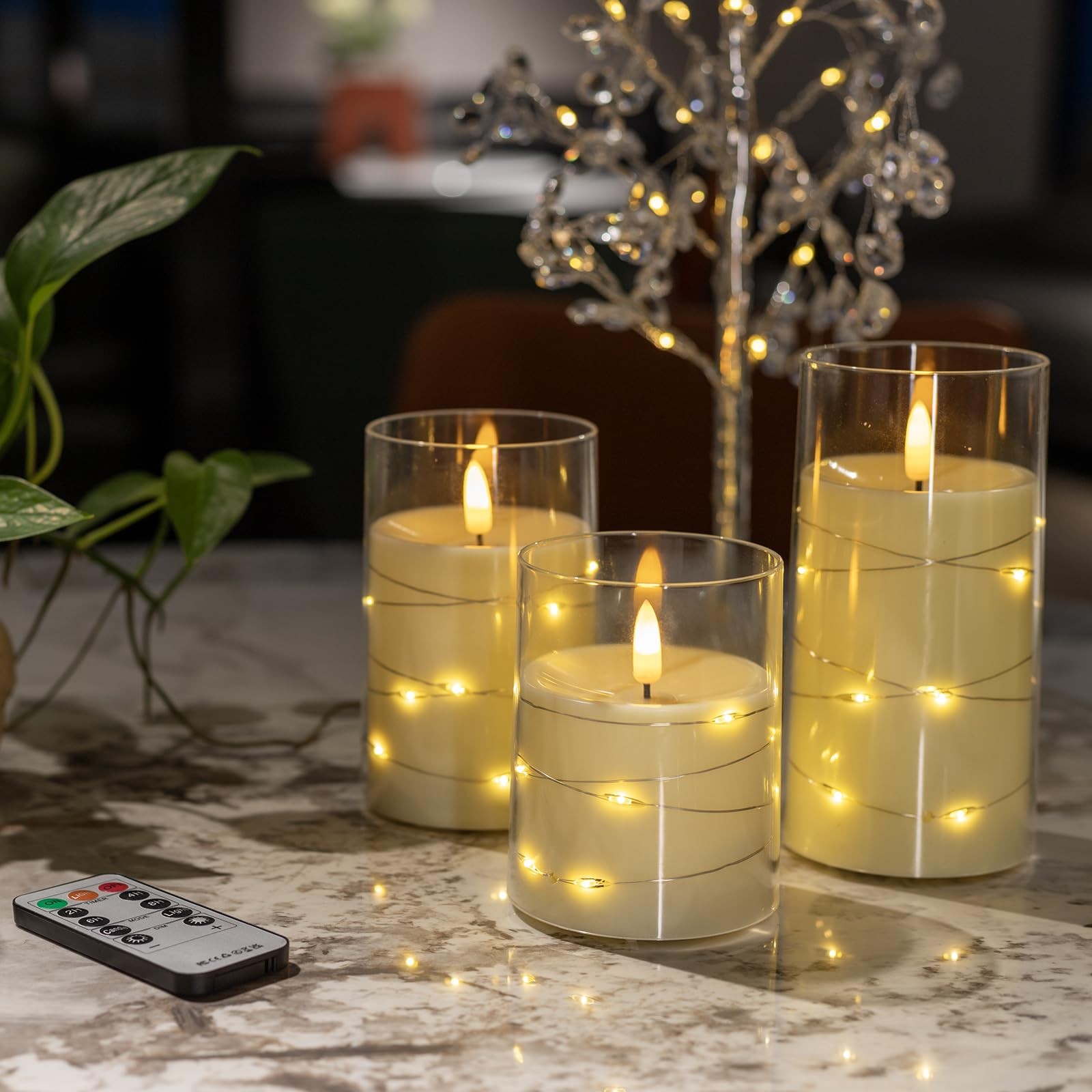 White Flameless Candles with remote, Faux Candles for Living Room Decor