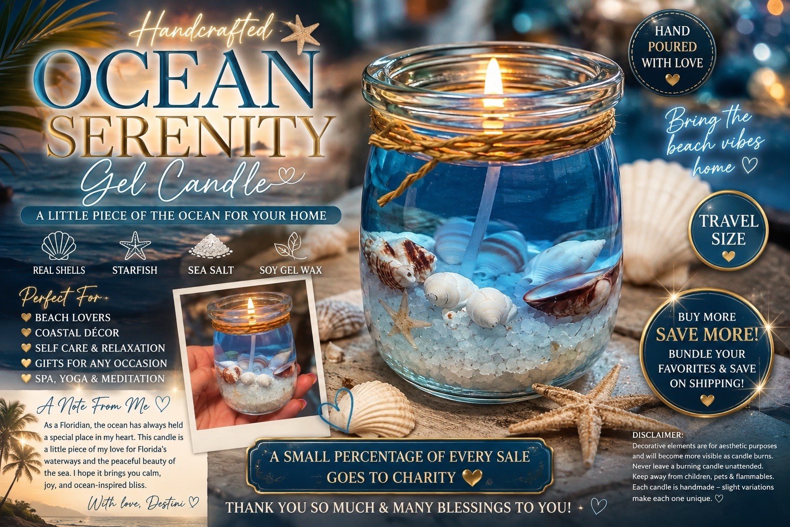 Handmade Ocean Florida Gel Candle Soy Wax Real Seashells, Sea Salt & Starfish