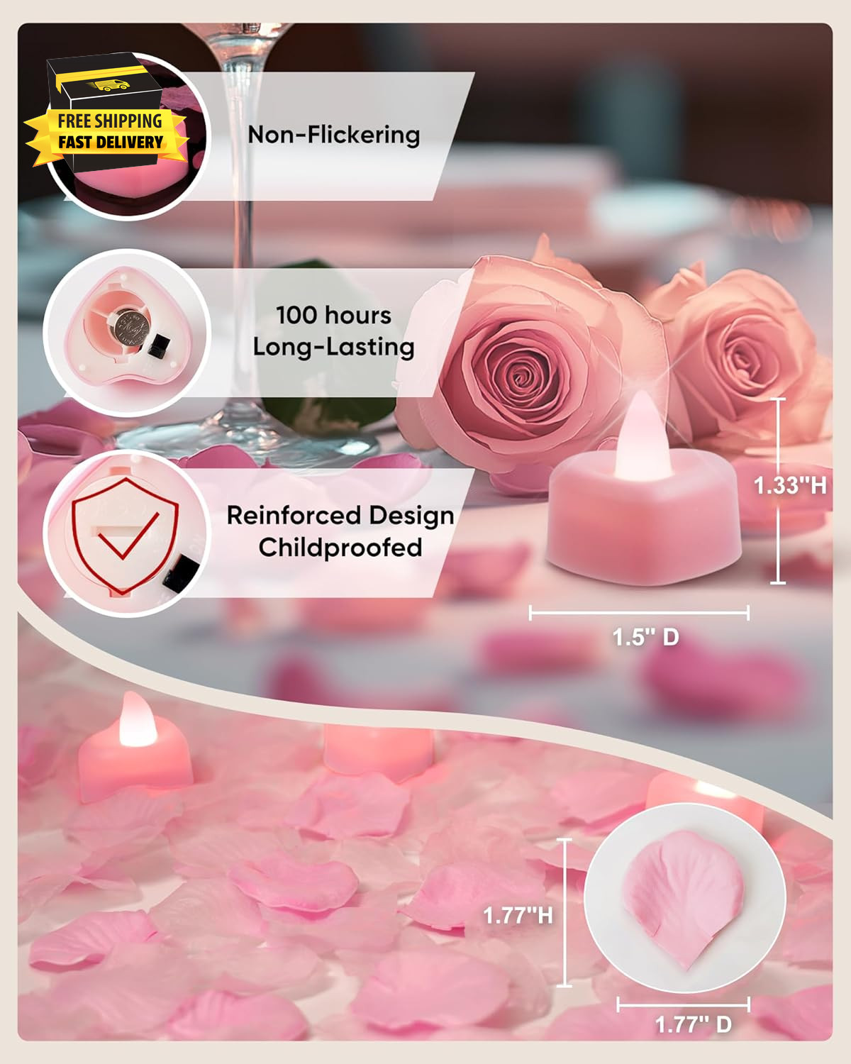 1000 Pieces Pink Artificial Rose Petals with 12 Pink Heart LED Tea Lights, Rose