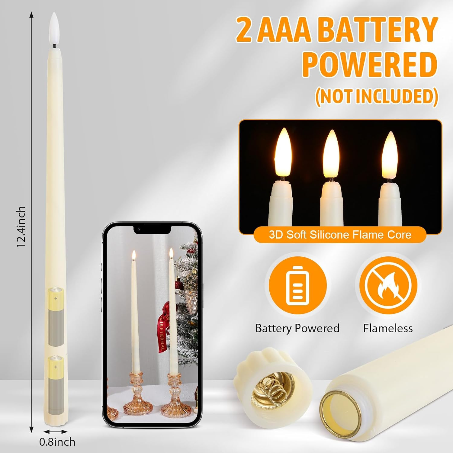 50 Pcs Flameless Taper Candles Battery Operated Bulk 12.4 Ivory LED