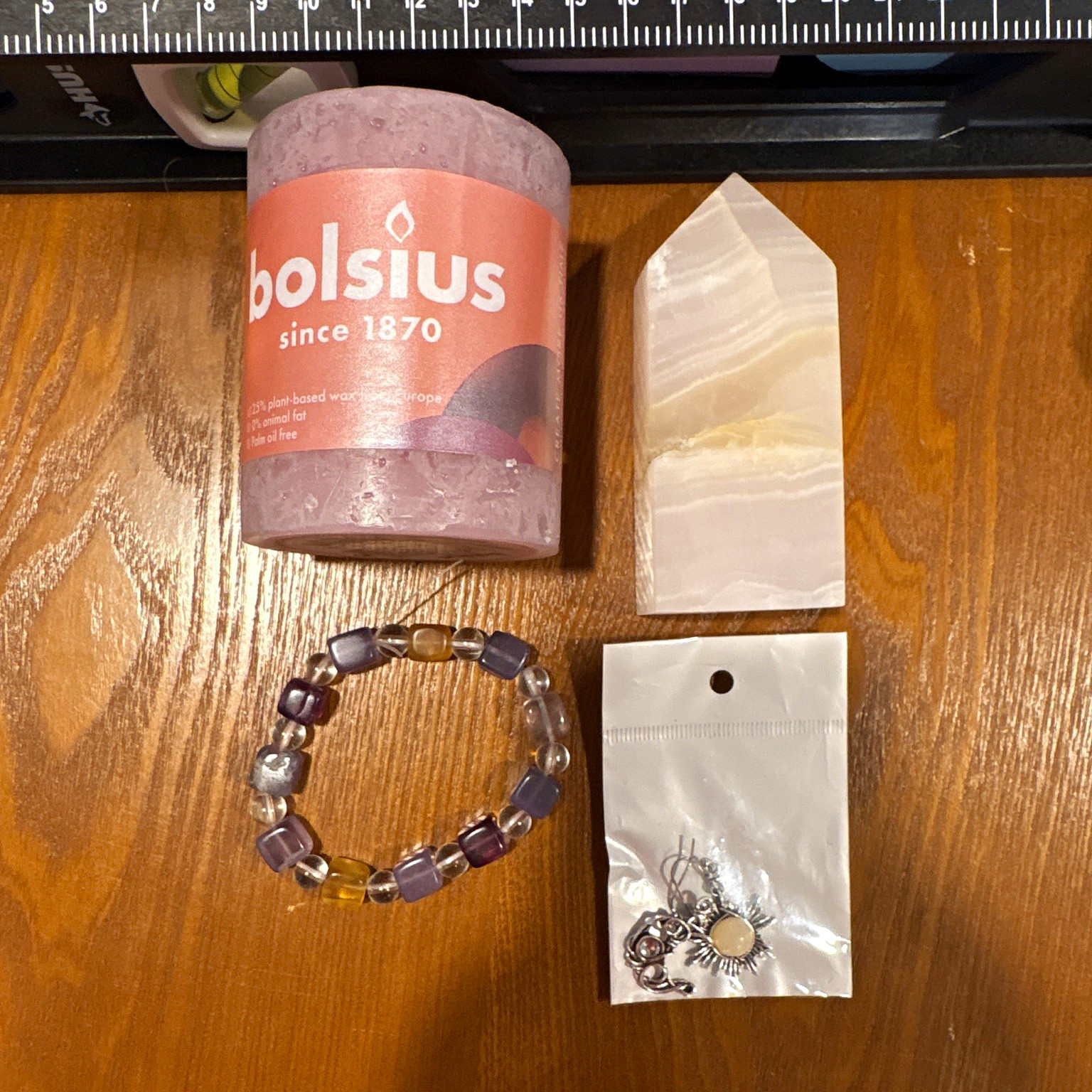 Bolsius Pillar Candle 4in x 3in Wax Candle, Crystal, earrings & bracelet