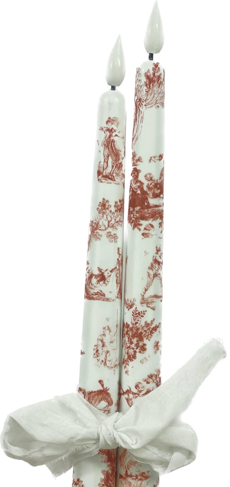 Traditional Reddish Brown Toile Taper Candles Set of Two Battery Operated