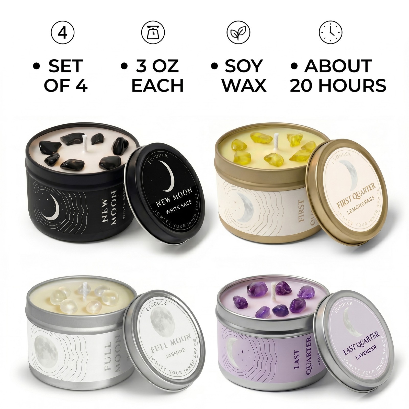 Moon Phase Candle Set 4 Crystal Soy Candles Witchy Celestial Gift Set